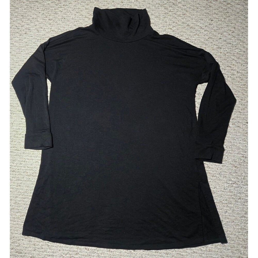 Eileen Fisher Mock Neck Tunic Dress Top Black Medium Tencel Lyocell 3/4 Sleeve